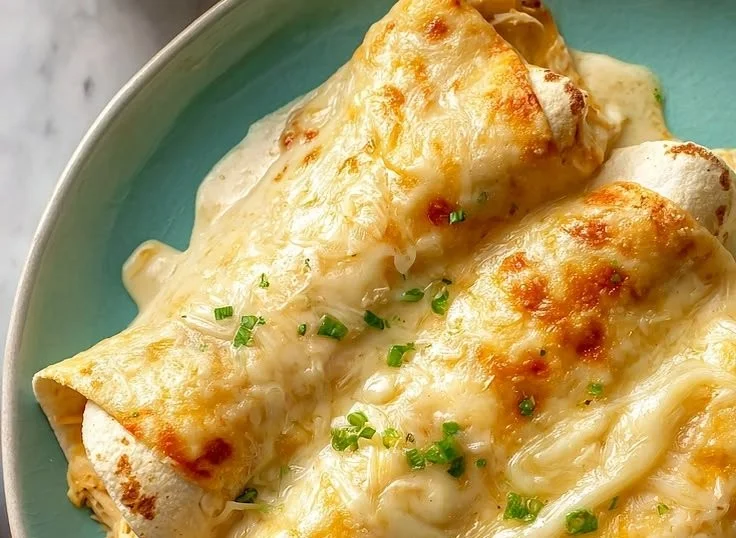 Delicious white chicken rotisserie enchiladas topped with cheese and sauce