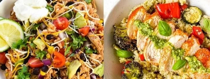 Assorted protein bowls with fresh ingredients and vibrant colors