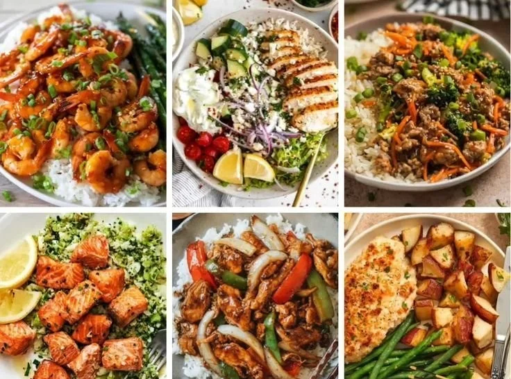 Variety of healthy dinner recipes including colorful vegetables and lean proteins