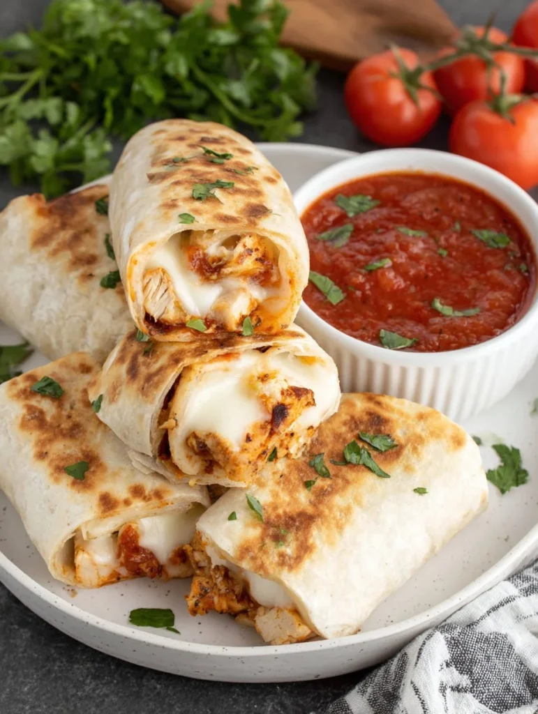 Air Fryer Chicken and Mozzarella Wraps served on a plate with fresh ingredients.