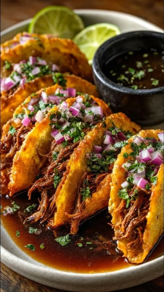 Authentic Mexican Birria Tacos served with consomé