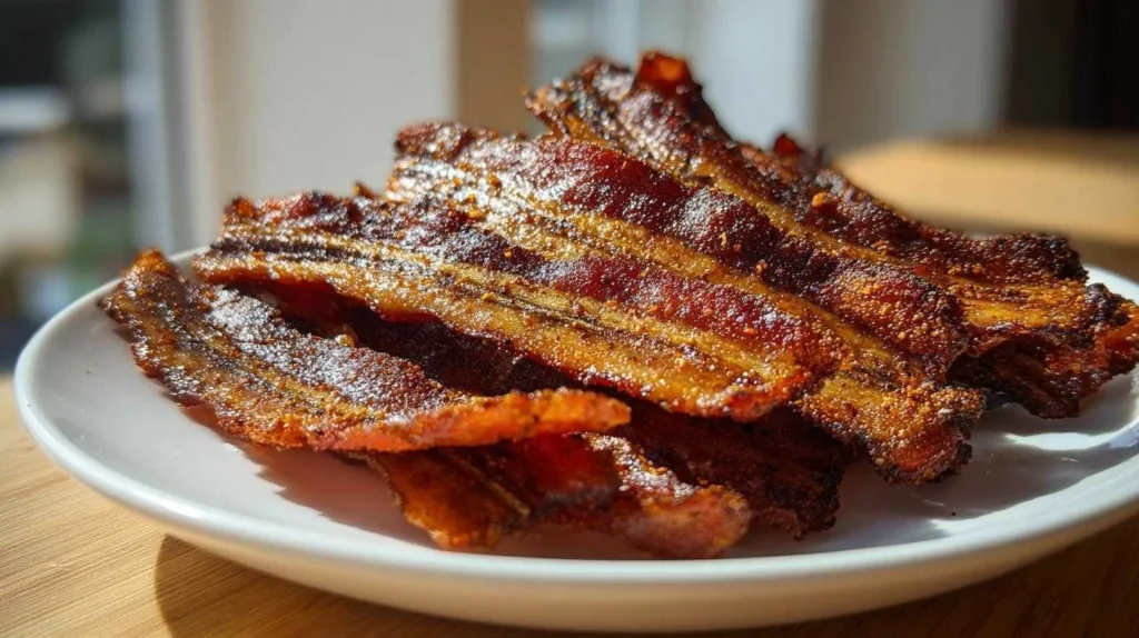 Vegan bacon alternative made from banana peels, showcasing a delicious plant-based dish.