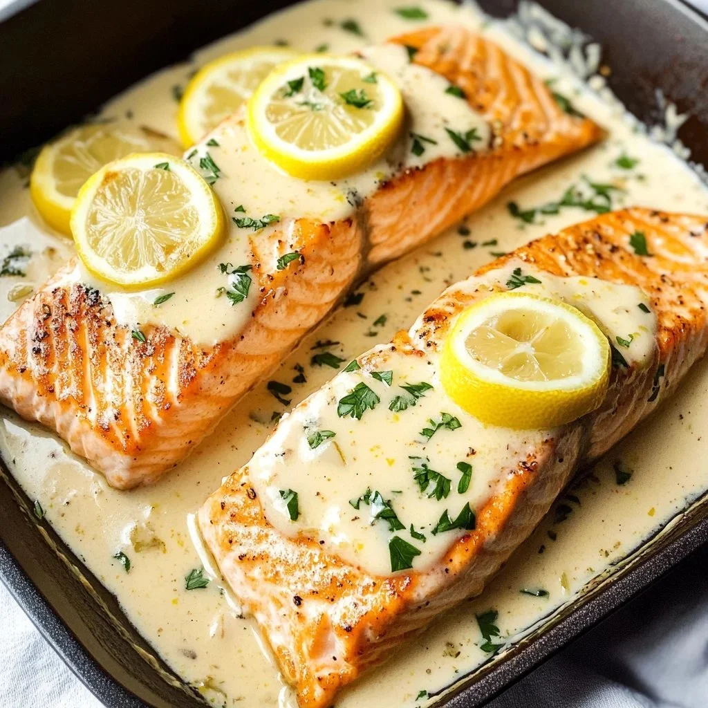 Baked salmon fillet with lemon butter cream sauce on a plate