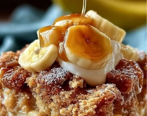 Delicious homemade Banana Cobbler with a golden crust and fresh bananas.