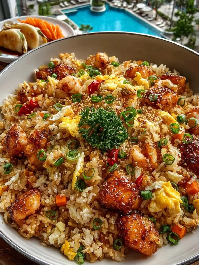 Plate of Bang Bang Fried Rice garnished with herbs and spices