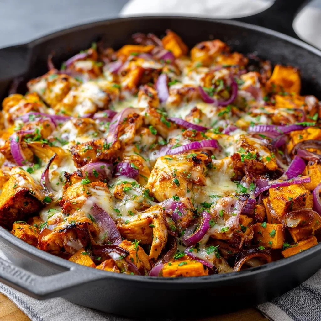 BBQ chicken sweet potato skillet in a cast iron pan