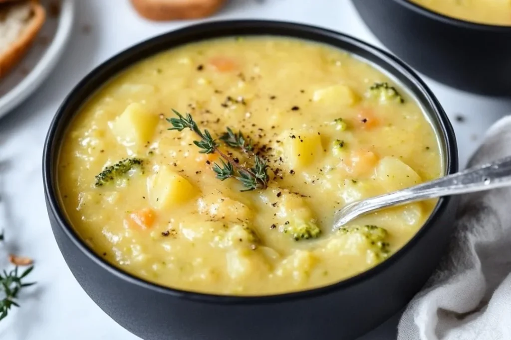 Delicious bowl of Broccoli Potato Cheese Soup garnished with herbs