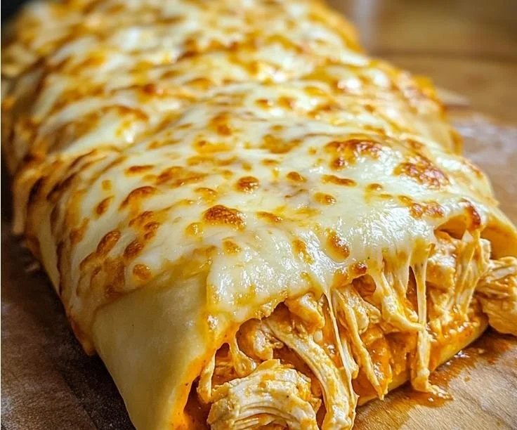 Delicious Buffalo Chicken Cheese Bake topped with cheese and Buffalo sauce