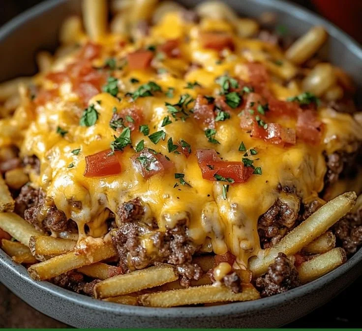 Cheeseburger Casserole topped with golden French fries in a baking dish