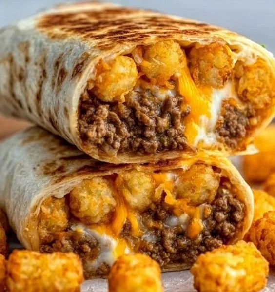 Delicious Cheesy Beef Tater Tot Wraps filled with melted cheese and beef.