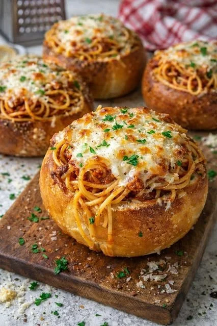 Cheesy spaghetti served in garlic bread bowls for a delicious meal