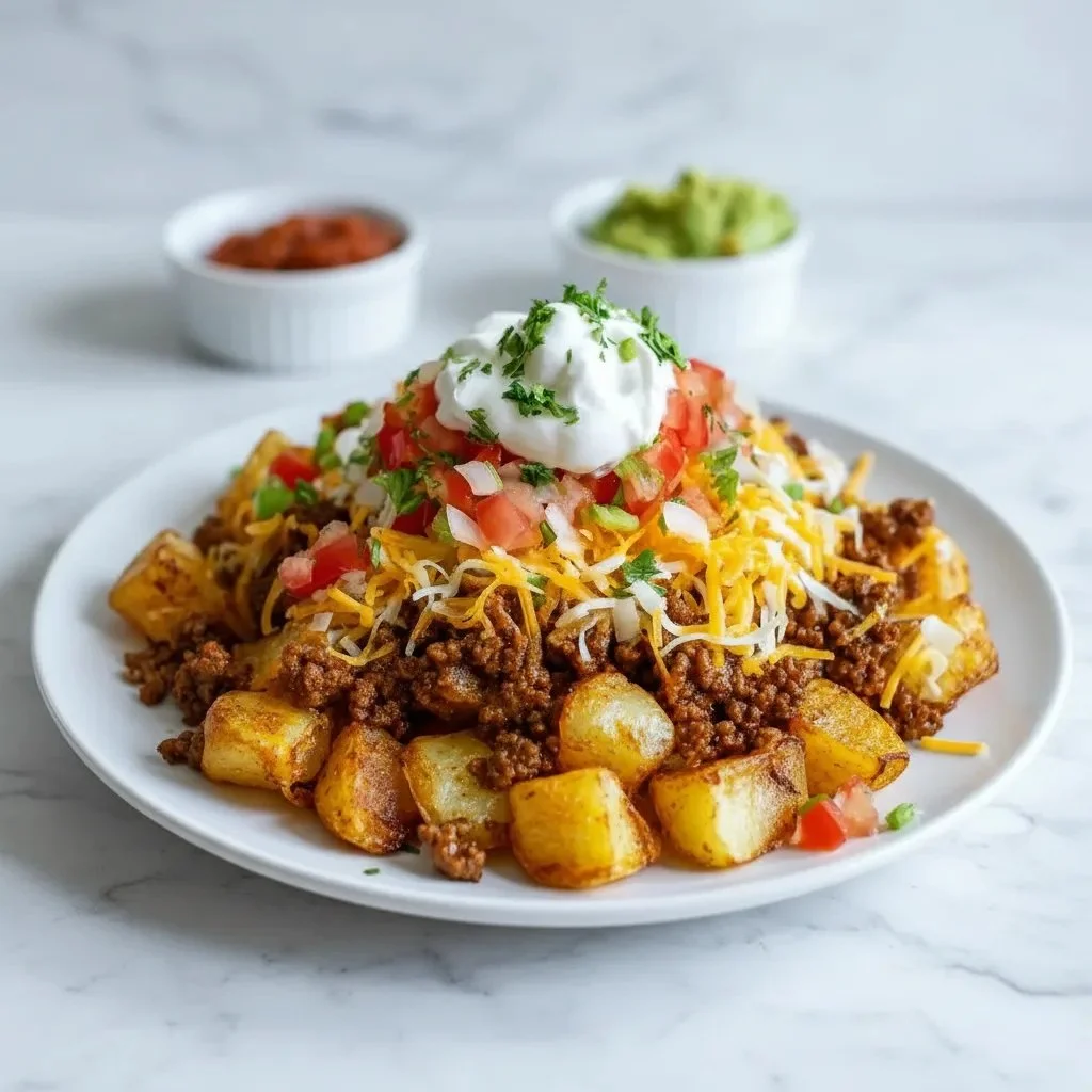 Cheesy taco potatoes loaded with cheese and toppings