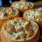 Chicken Alfredo Garlic Bread Bowls filled with creamy Alfredo sauce and chicken