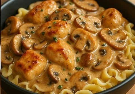 Creamy Chicken Stroganoff with Mushrooms served in a bowl