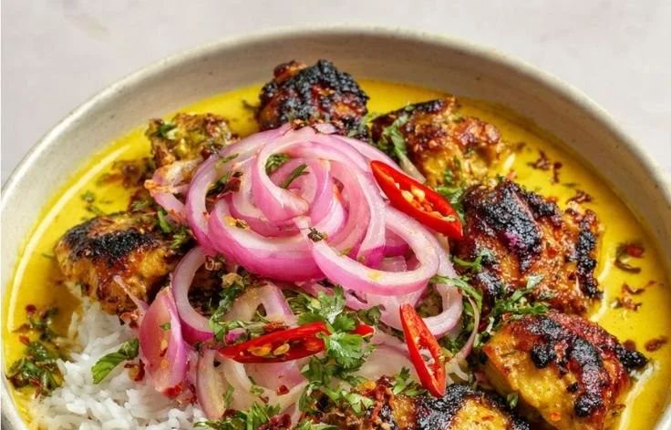 Churu Yellow Chicken served on a plate with herbs and spices
