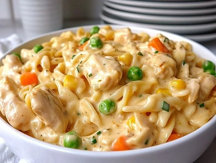 Classic Chicken Pot Pie Pasta served in a bowl with herbs garnishing.