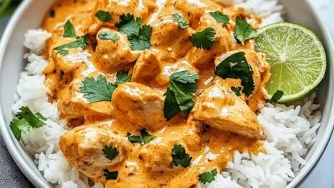 Delicious Coconut Chicken Rice Bowl with creamy sauce and fresh ingredients