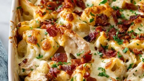 Delicious Crazy Good Casserole topped with cheese and herbs in a baking dish