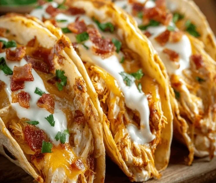 Delicious creamy cheddar ranch chicken tacos served with fresh toppings