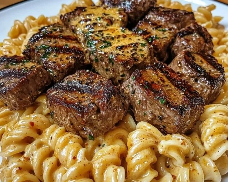 Creamy garlic butter steak bites served with spicy Cajun Alfredo twisted pasta