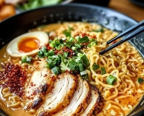 Bowl of creamy garlic chicken ramen garnished with green onions and herbs.