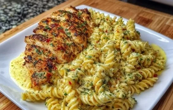 Creamy garlic parmesan chicken pasta served in a bowl with herbs and cheese