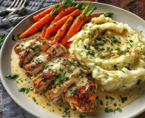 Delicious creamy herb chicken with mashed potatoes and glazed carrots on a plate
