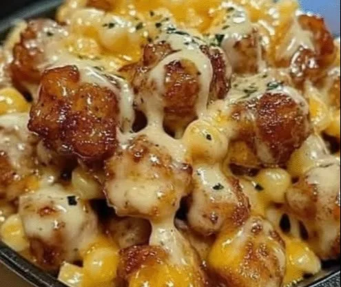 Creamy Honey Pepper Chicken Mac and Cheese dish with herbs and spices