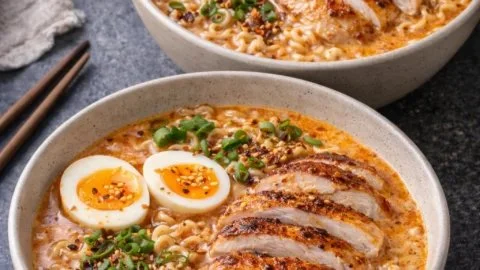 Bowl of creamy spicy chicken ramen topped with green onions and spices