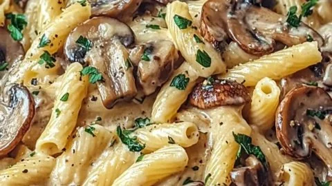 Creamy Tuscan mushroom pasta skillet served in a rustic dish.
