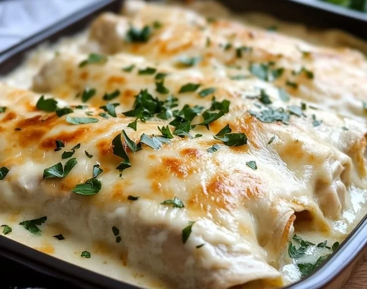 Delicious creamy white chicken enchiladas served in a casserole dish.
