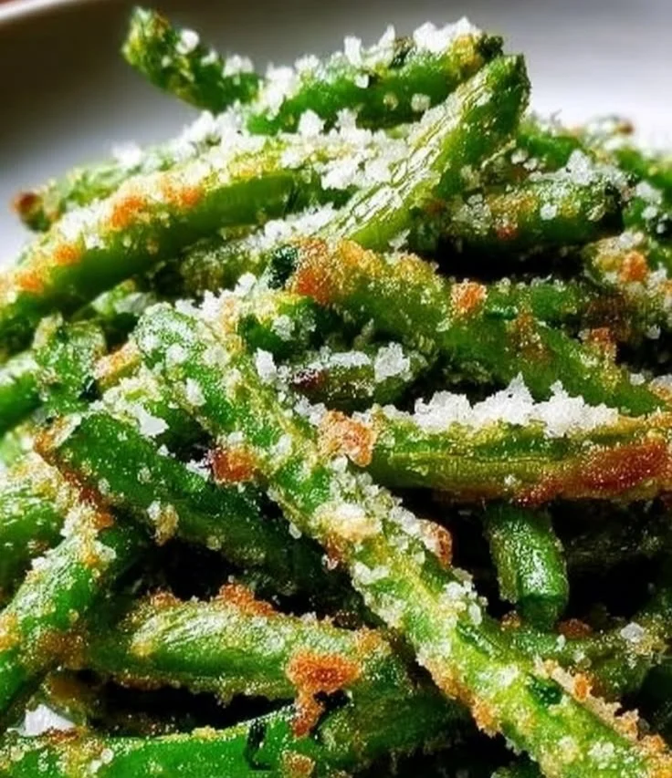 Crispy garlic parmesan green beans ready to serve as a savory side dish.
