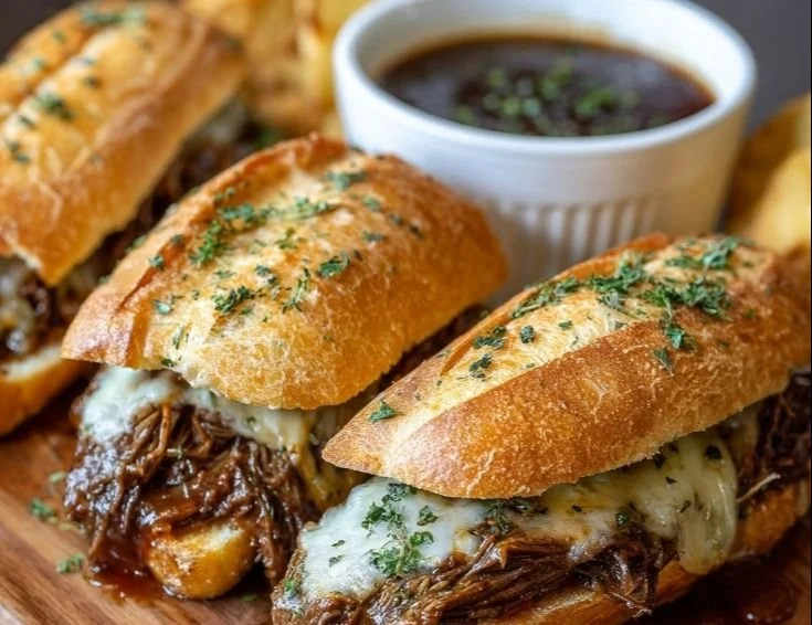 Delicious Crockpot French Dip Sandwiches served on a plate with dipping sauce.