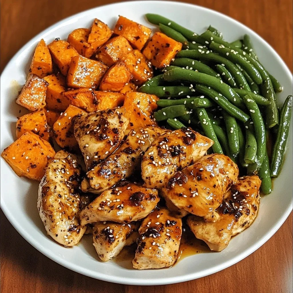 Delicious honey garlic chicken served with roasted sweet potatoes.