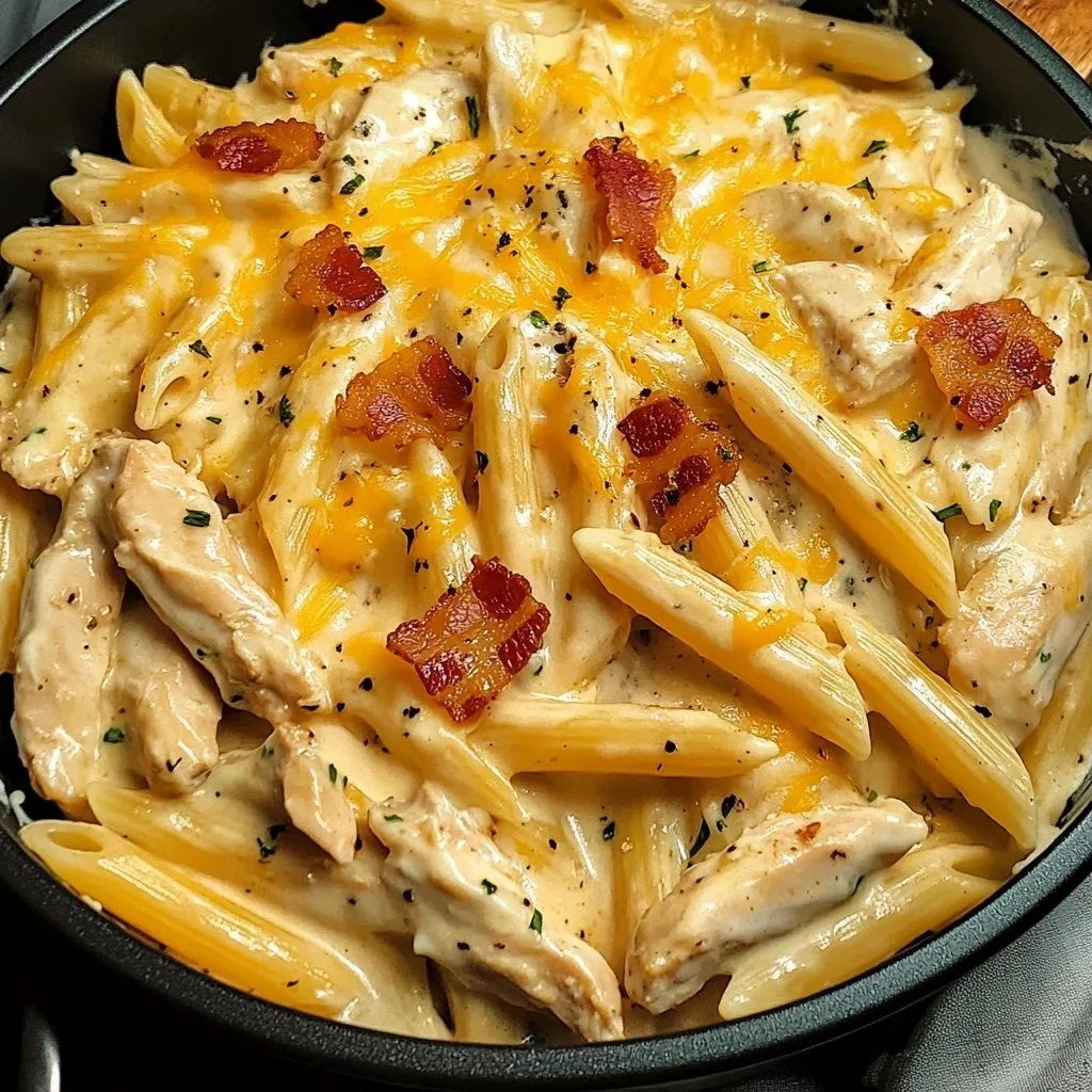 Creamy crack chicken penne pasta dish served with herbs and spices