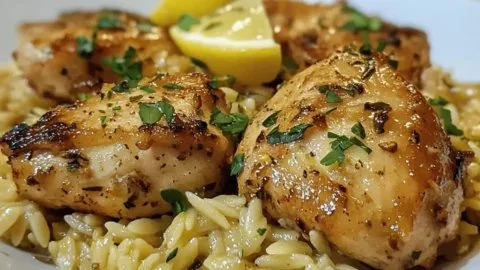Deliciously cooked Greek Lemon Garlic Chicken served with orzo pasta