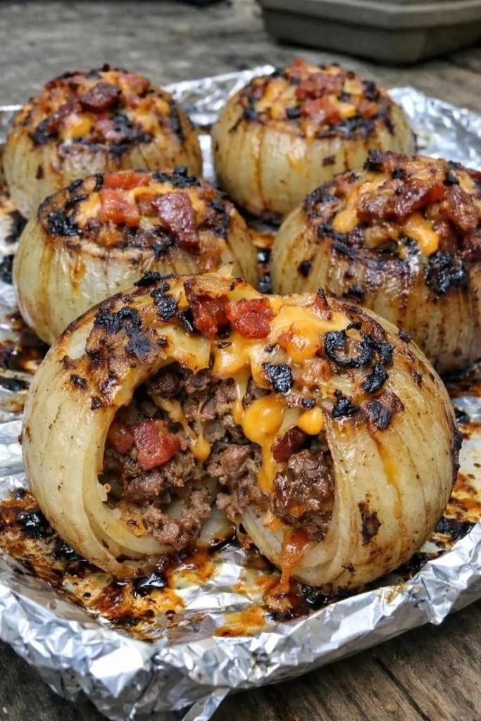 Firecracker Bacon Cheddar Cheeseburger Stuffed Onion Bombs served on a plate