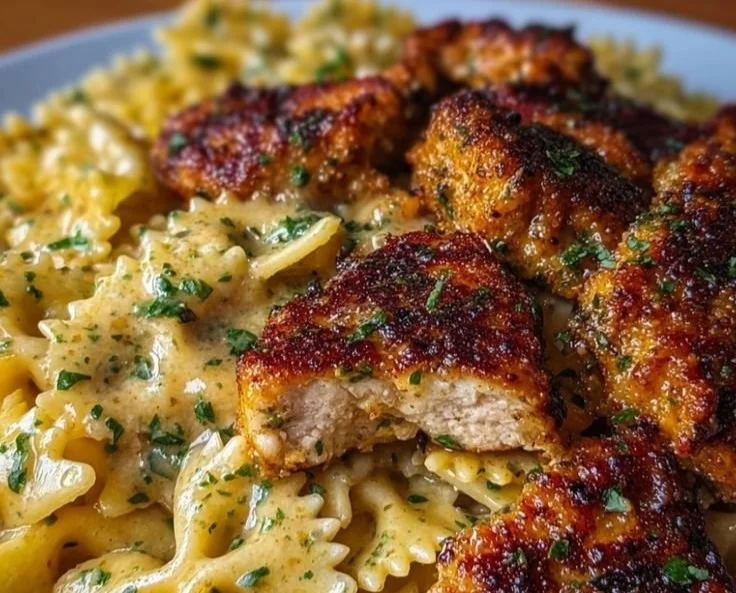 Delicious garlic butter chicken served with bowtie pasta on a plate