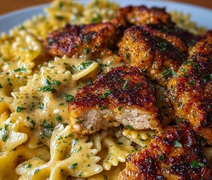 Garlic Butter Chicken with Bowtie Pasta served in a bowl