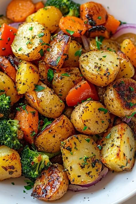 Bowl of garlic herb roasted potatoes and mixed veggies fresh from the oven.