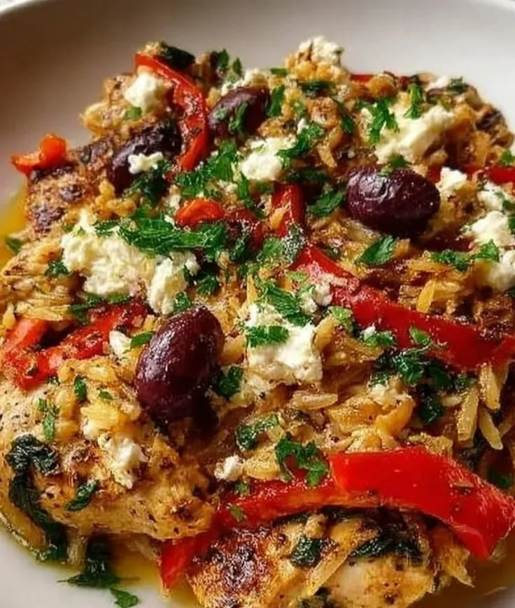 Greek Chicken Casserole with herbs and vegetables in a baking dish
