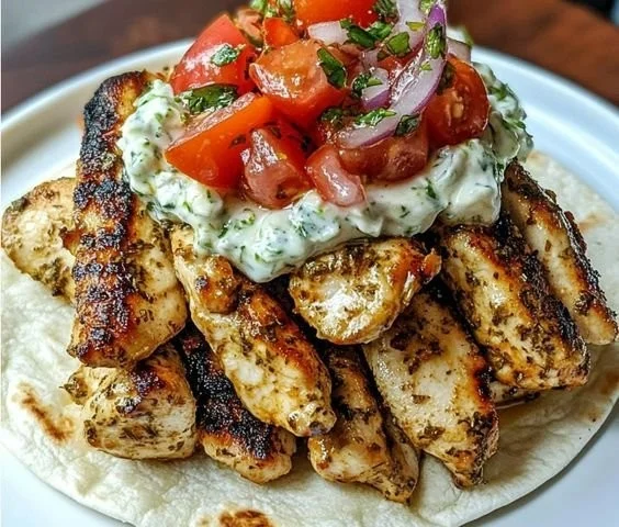 Delicious Greek Chicken Gyros wrapped in pita with fresh toppings and tzatziki sauce
