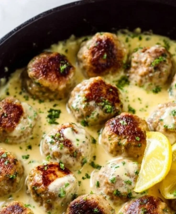 Plate of Greek chicken meatballs drizzled with lemon cream sauce and garnished