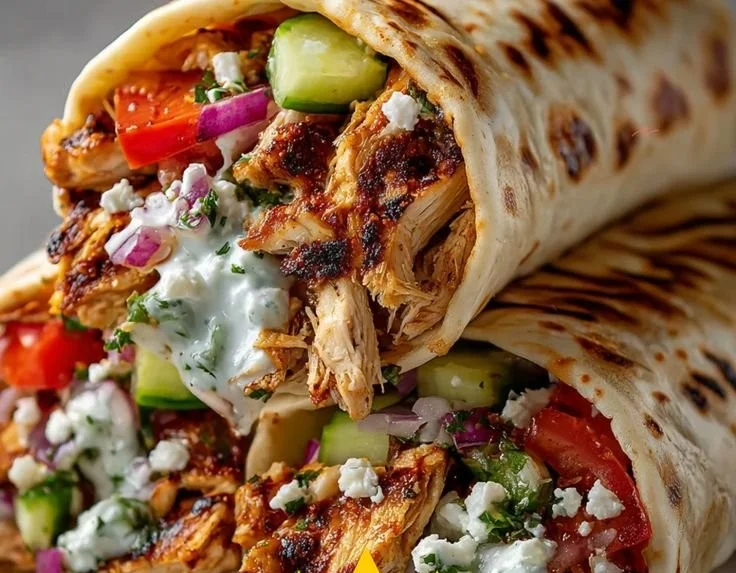Greek Chicken Wraps with fresh vegetables and herbs