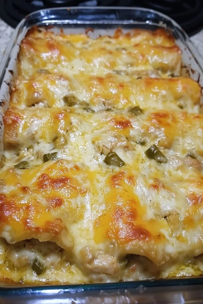 Delicious green chili chicken enchiladas topped with cheese and cilantro