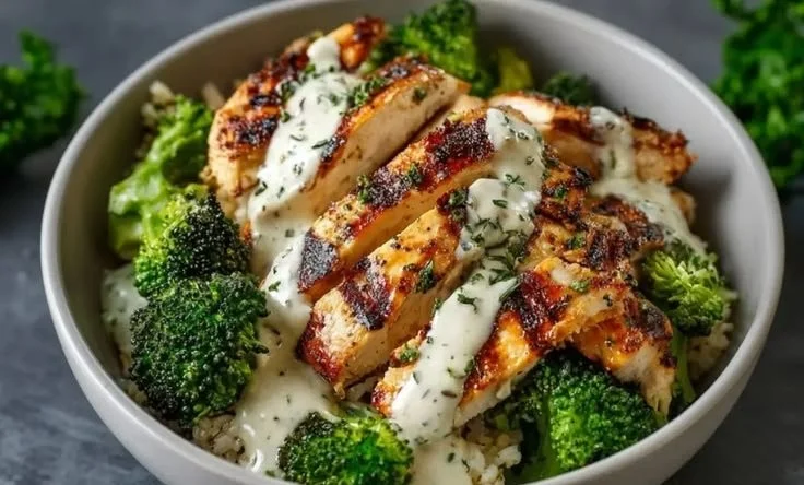 Grilled chicken broccoli bowls topped with creamy garlic sauce
