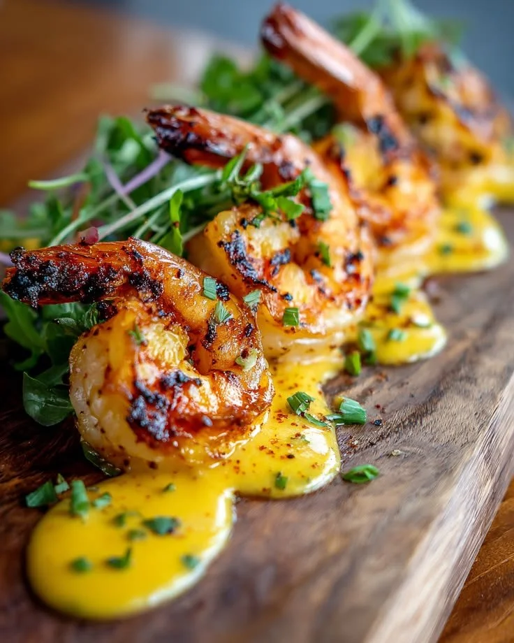 Grilled shrimp served with mango lime sauce on a plate