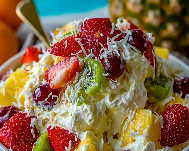 Delicious Hawaiian Cheesecake Salad topped with pineapple and coconut