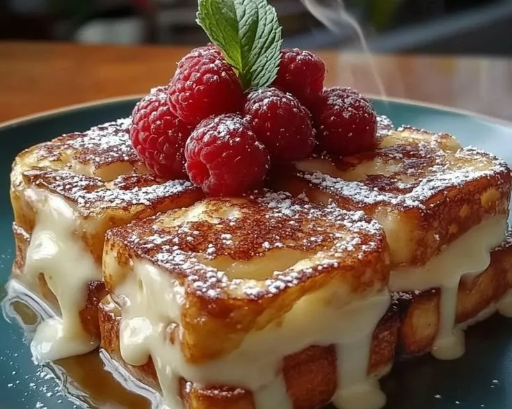Hawaiian Roll French Toast topped with syrup and fruit