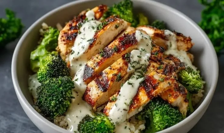 Healthy grilled chicken bowls with broccoli and creamy garlic sauce